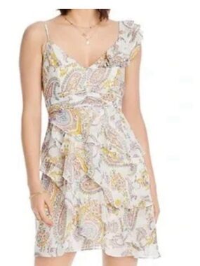 LINI Medium Floral Paisley Ruffle Mini Dress in Cream and Yellow